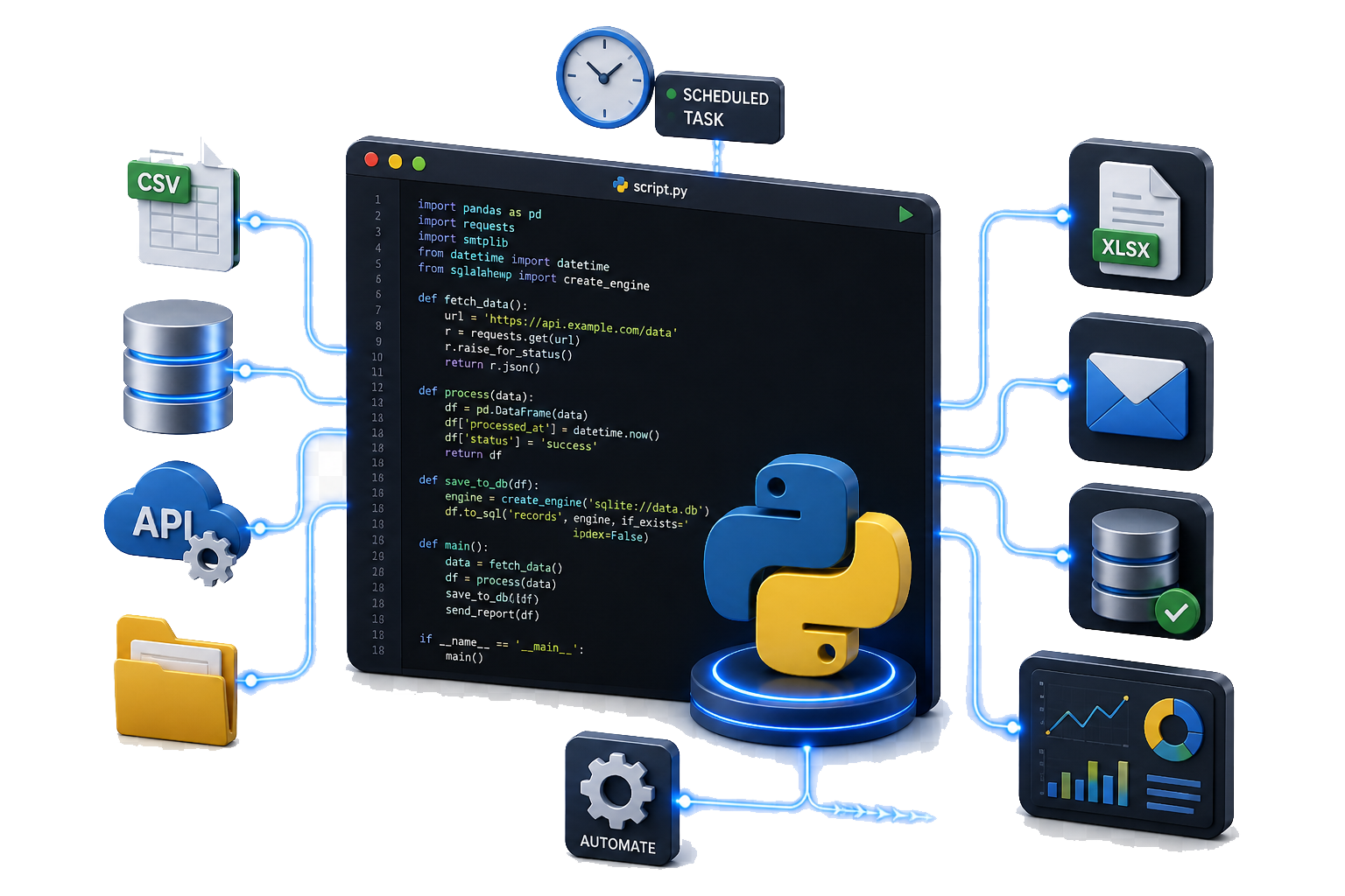 Illustration representing Python development and automation